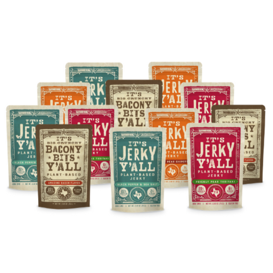 12-pack of customizable vegan-friendly snacks featuring plant-based jerky and bacony bits in various flavors for a savory and satisfying treat.