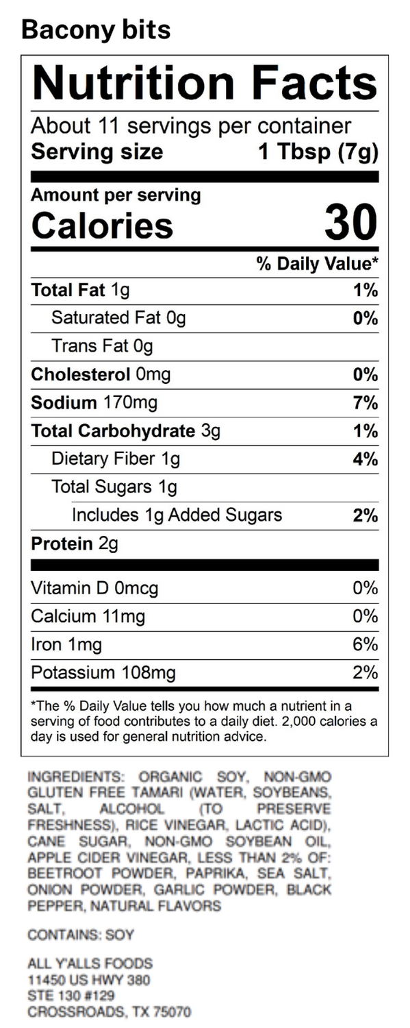 nutrition facts for plant-based bacon snacks