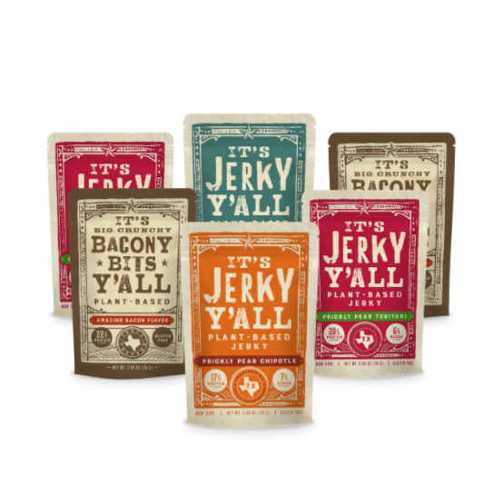 plant-based snacks including vegan jerky and vegan bacon