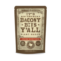 Bag of 'Big Crunchy Bacony Bits Y'all' plant-based, gluten-free vegan snacks with amazing bacon flavor.