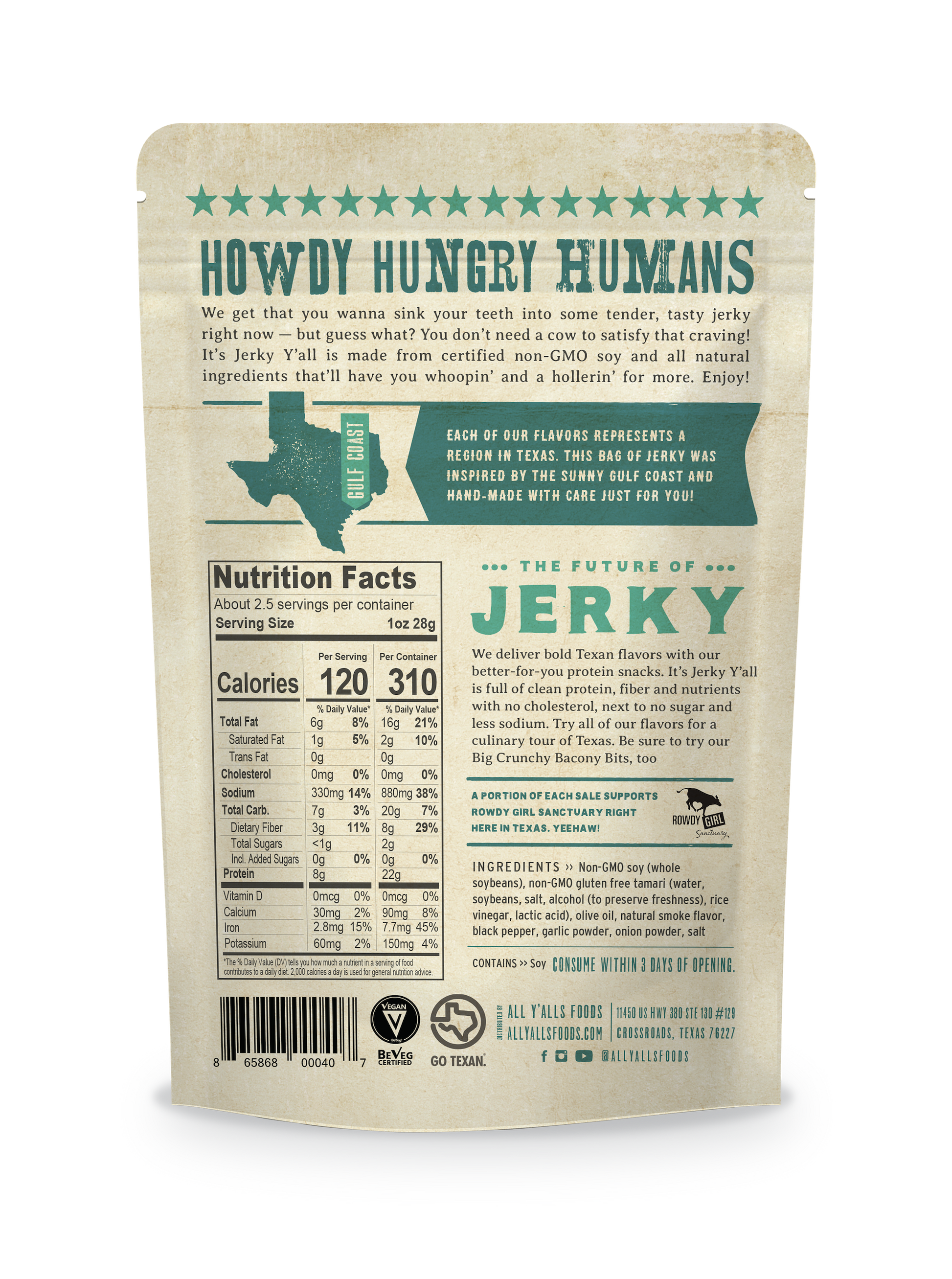 Back of 'It's Jerky Y'all' plant-based vegan friendly snacks by All Y'alls Foods, featuring Blue Gulf Coast flavor with nutritional details.