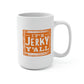 White ceramic coffee mug featuring a bold orange design with the phrase 'It's Jerky Y'All,' perfect for enjoying hot beverages in style.