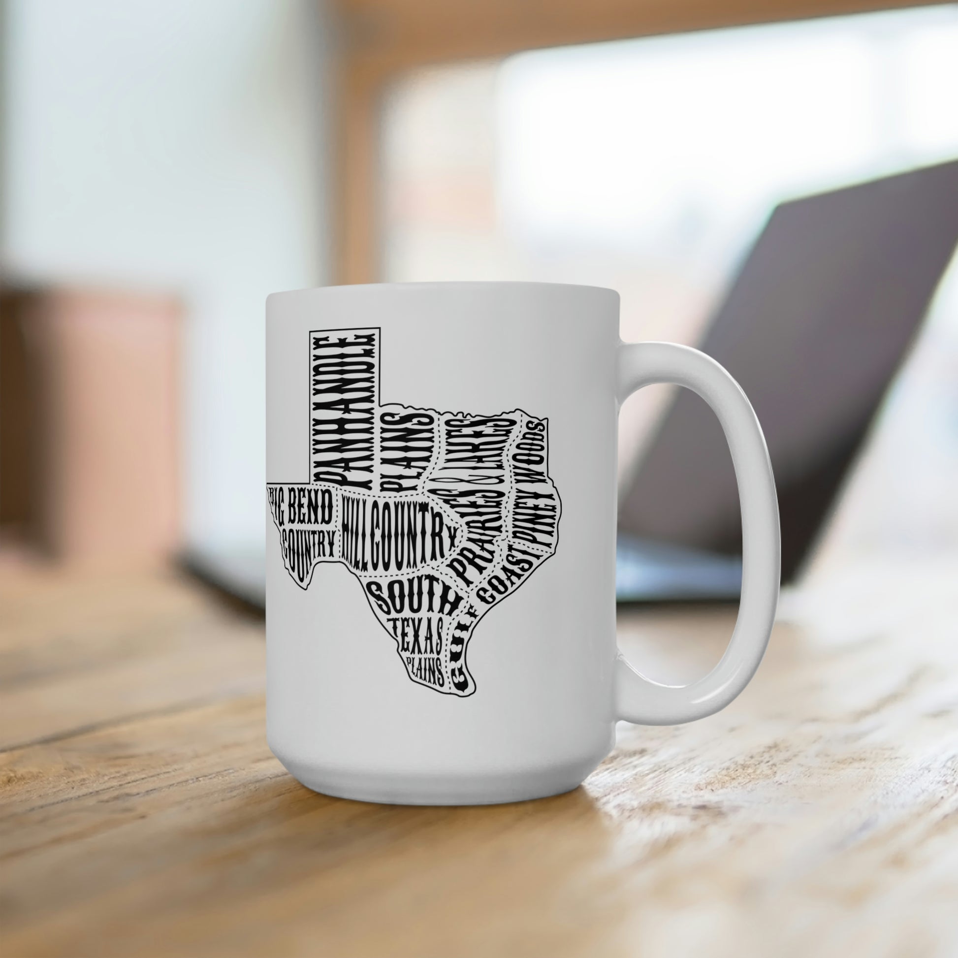 Texas-themed custom ceramic coffee mug featuring black typography of popular regions and cities, perfect for adding a personal touch to your ceramic coffee mug collection.