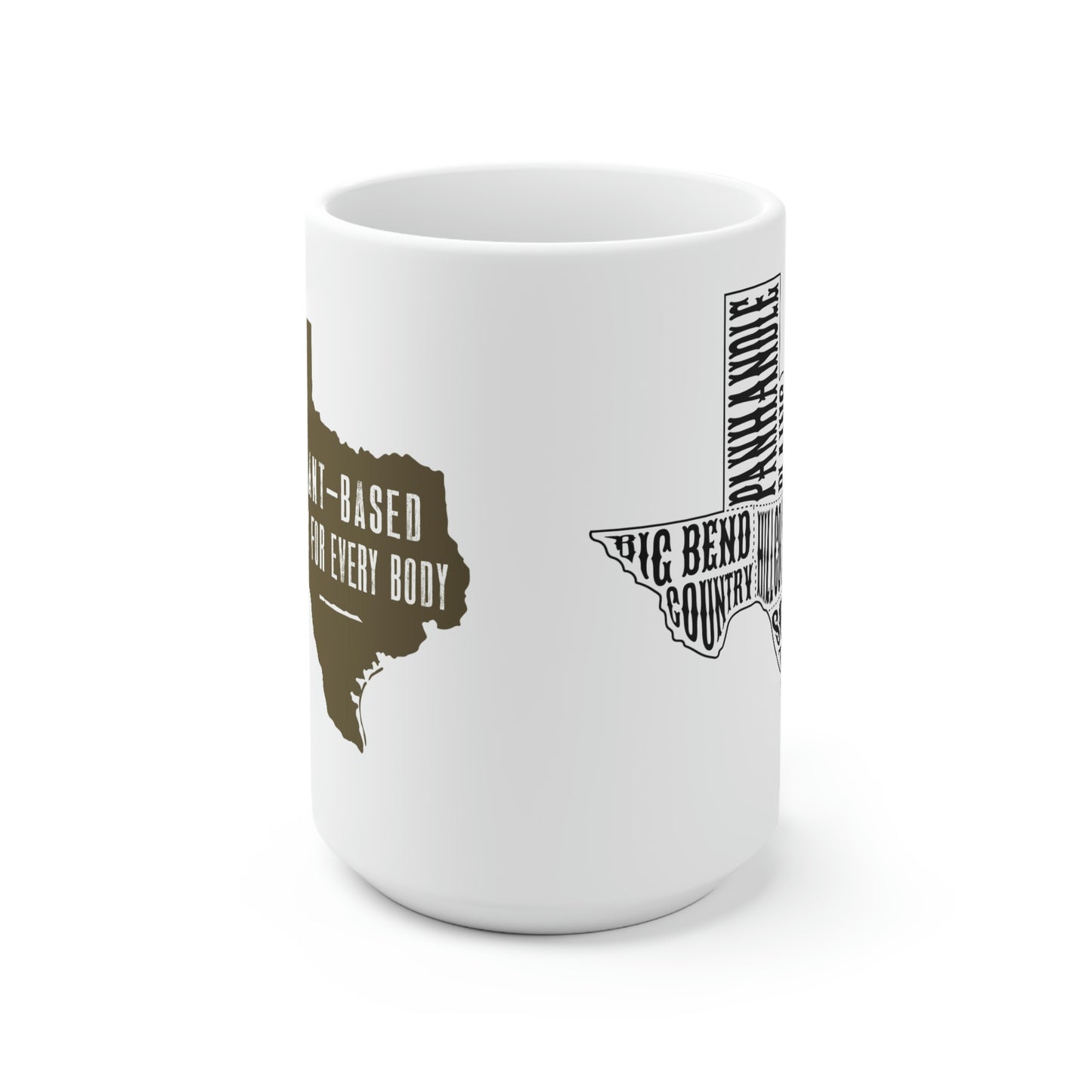 Texas-themed custom ceramic coffee mug featuring black typography of popular regions and cities, perfect for adding a personal touch to your ceramic coffee mug collection.