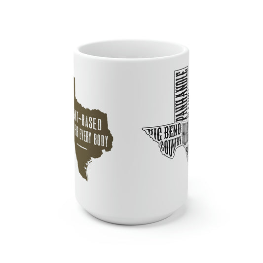 Texas-themed custom ceramic coffee mug featuring black typography of popular regions and cities, perfect for adding a personal touch to your ceramic coffee mug collection.