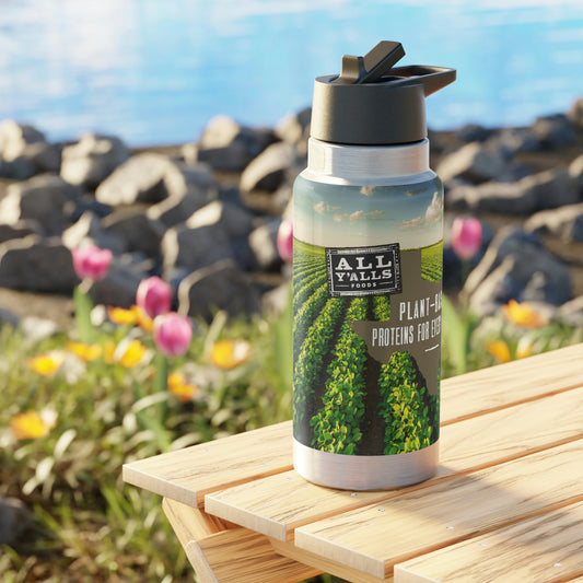 All Y'alls Foods branded stainless steel gator tumbler featuring a vibrant farm scene and 'Plant-Based Proteins for Every Body' slogan, ideal for keeping beverages hot or cold on the go.