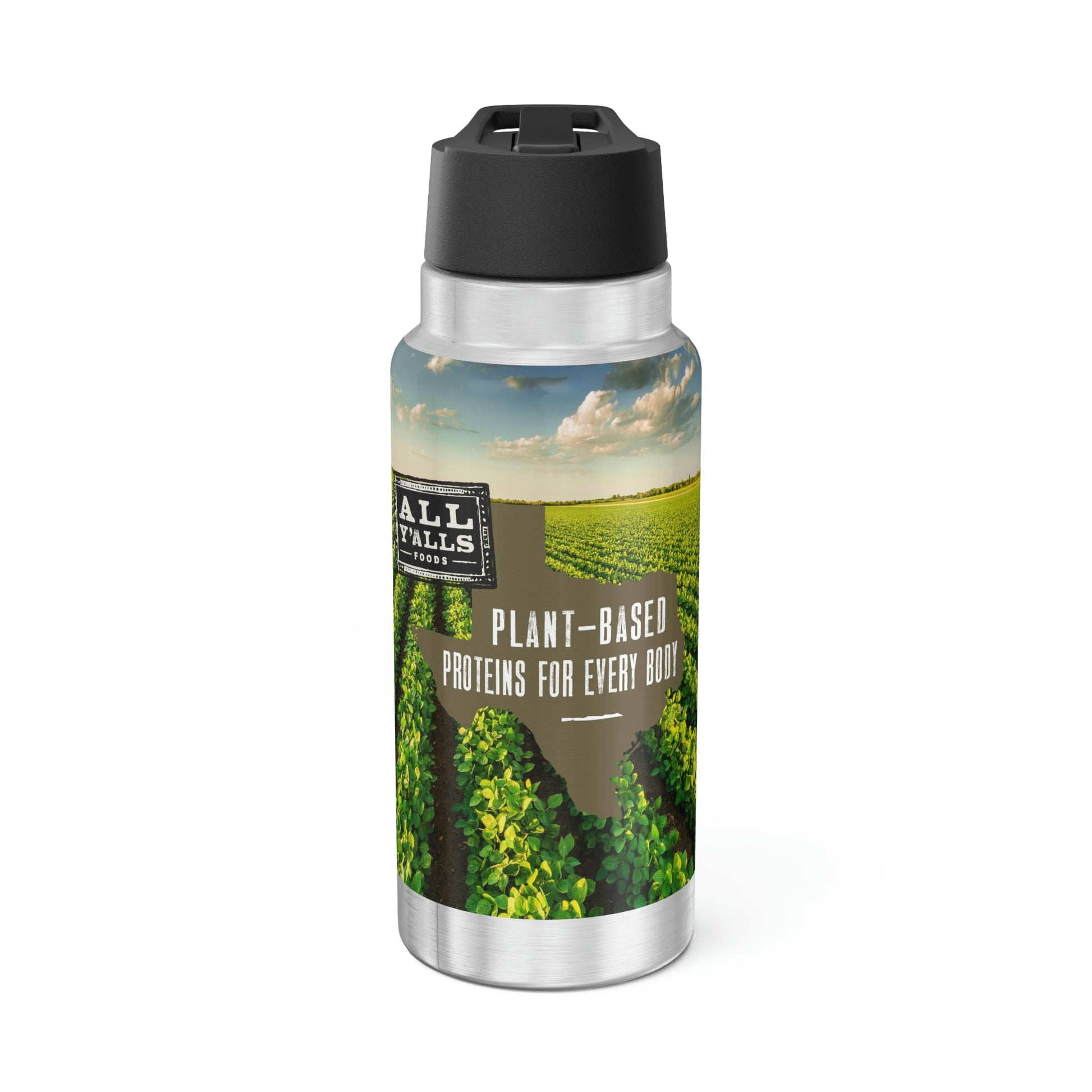 All Y'alls Foods branded stainless steel gator tumbler featuring a vibrant farm scene and 'Plant-Based Proteins for Every Body' slogan, ideal for keeping beverages hot or cold on the go.