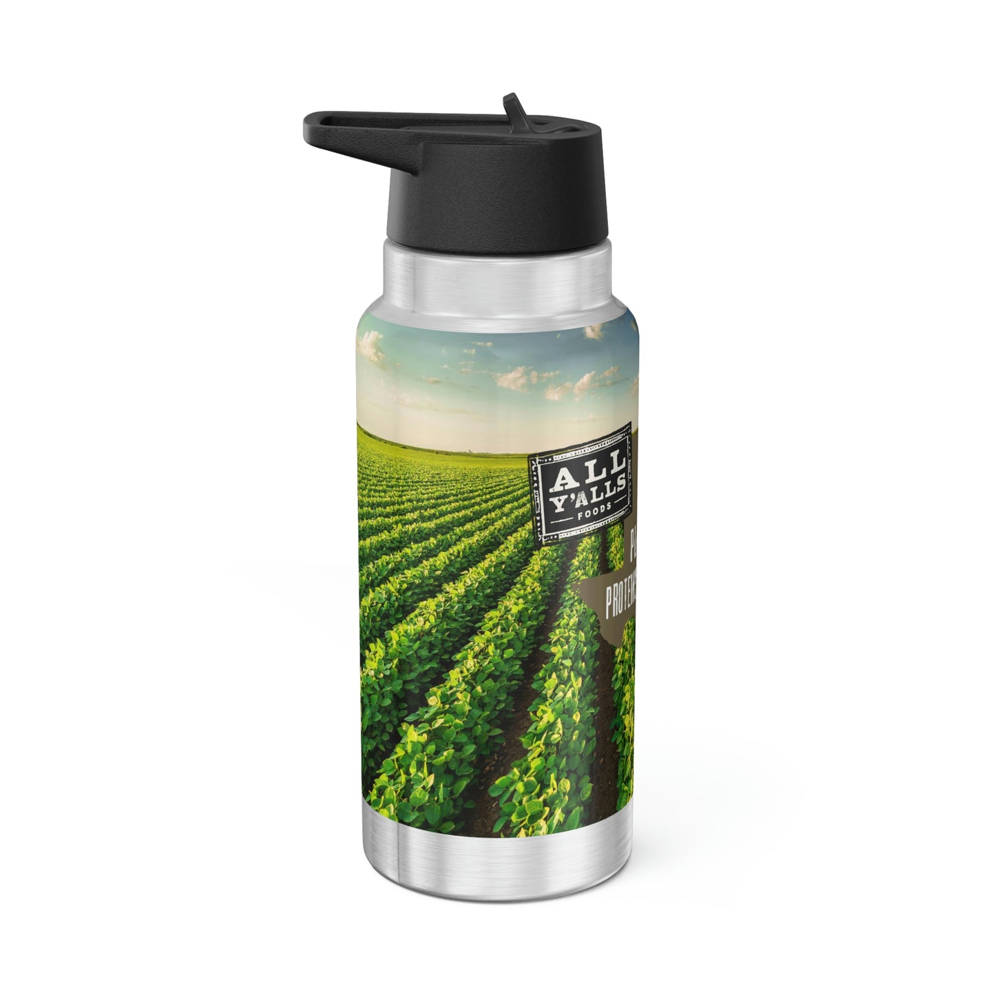 All Y'alls Foods branded stainless steel gator tumbler featuring a vibrant farm scene and 'Plant-Based Proteins for Every Body' slogan, ideal for keeping beverages hot or cold on the go.