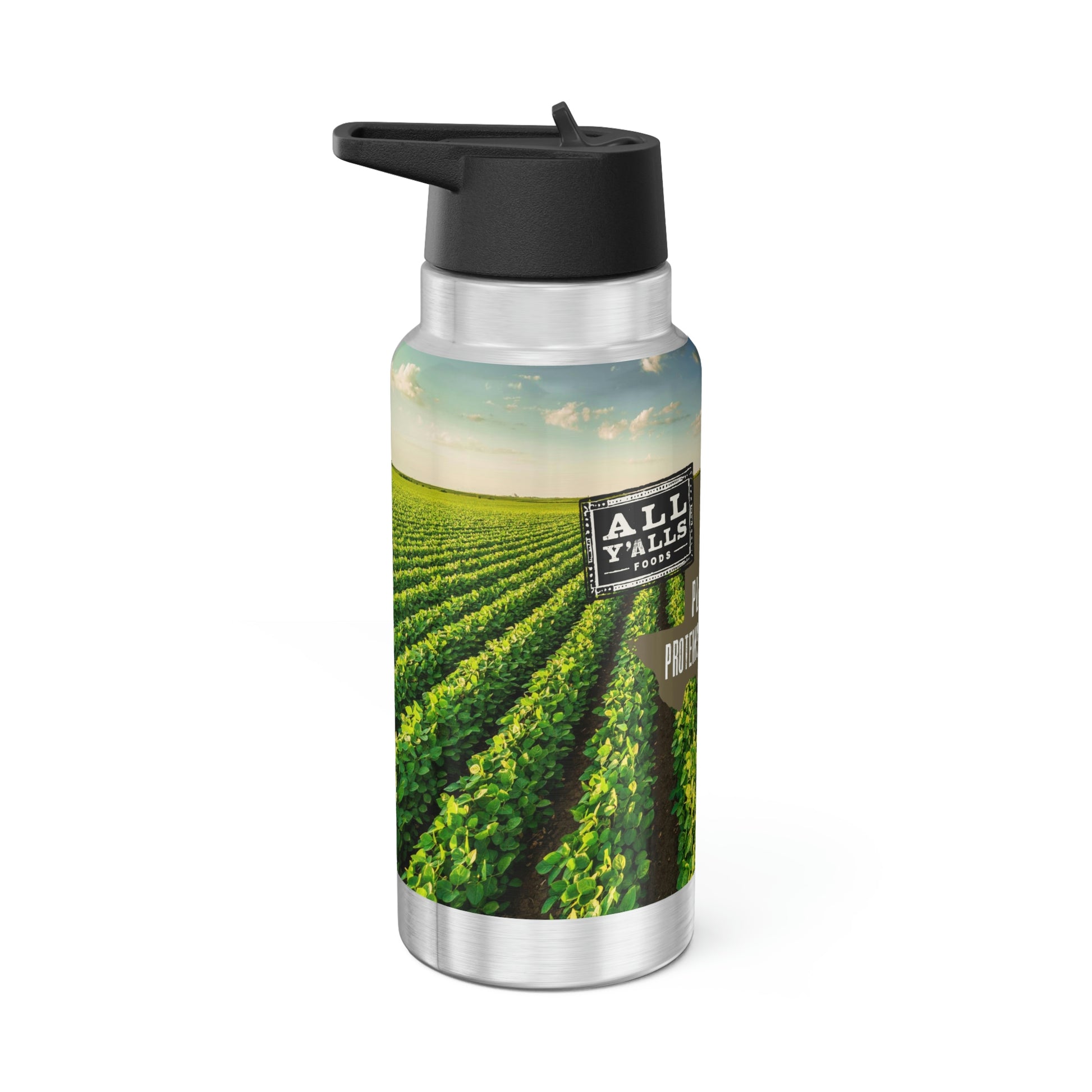 All Y'alls Foods branded stainless steel gator tumbler featuring a vibrant farm scene and 'Plant-Based Proteins for Every Body' slogan, ideal for keeping beverages hot or cold on the go.