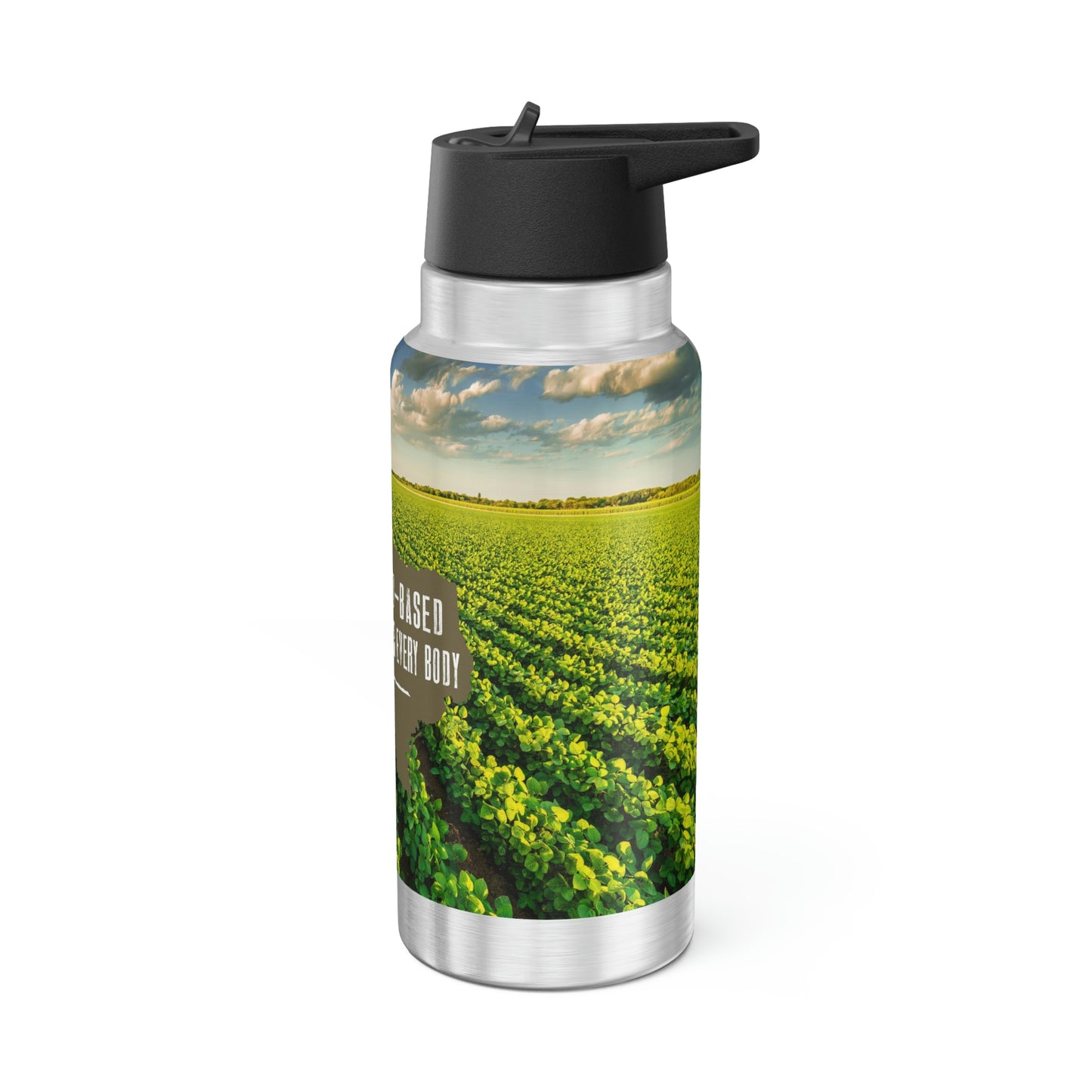 All Y'alls Foods branded stainless steel gator tumbler featuring a vibrant farm scene and 'Plant-Based Proteins for Every Body' slogan, ideal for keeping beverages hot or cold on the go.