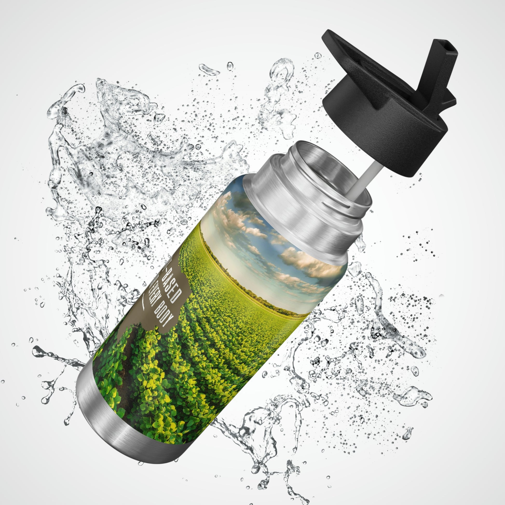All Y'alls Foods branded stainless steel gator tumbler featuring a vibrant farm scene and 'Plant-Based Proteins for Every Body' slogan, ideal for keeping beverages hot or cold on the go.