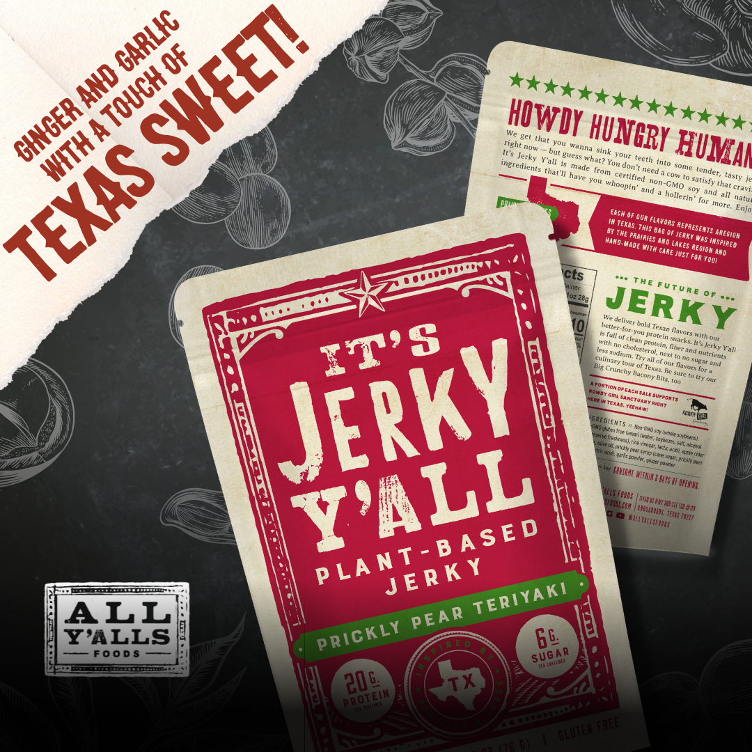 It's Jerky Y'all Prickly Pear Teriyaki plant-based jerky packaging, highlighting its ginger and garlic flavors with a touch of Texas sweetness, making it an ideal vegan snack to buy for those seeking tasty plant-based jerky.